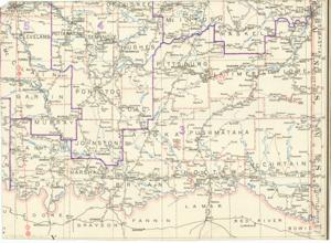 ["The Partial Map of Southeastern Oklahoma, covering the period from 1915 to 1949, has dimensions of 14 x 19 1/4."]