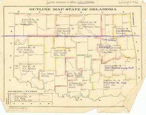 ["This outline map of the State of Oklahoma, from 1915-1949, shows districts of school land adjusters. Dimensions: 8 1/2 x 11."]