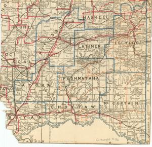 ["The Partial Map of Southeastern Oklahoma, dating from 1915-1949, shows the outline of counties. Dimensions: 9 3/4 x 10 1/4."]