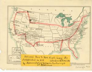 ["Map: National Park To Park Highway Established in the House of Representatives by Wilburn Cartwright (1934). Dimensions: 8 x 10 1/2."]