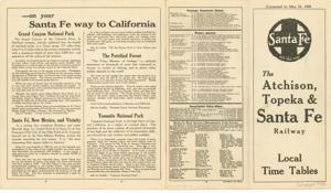 ["Atchison, Topeka and Santa Fe Railway Systems map, produced by Rand McNally in booklet form, includes local time tables from the period 1915-1949, specifically January 1920.  Dimensions: Not specified."]