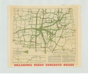 ["This map, titled Traffic Density On Oklahoma State And Federal Aid Highways (from the 1915-1949 series, specifically 1930-01), illustrates existing high-type pavement, secondary pavement, and unpaved roads, with an overlay depicting traffic density and use. It was created as a promotional piece by the Portland Cement Association. Dimensions: 17 x 20."]