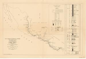 ["This map of the Pan American Highway System, focusing on the North American Section of the Inter-American Highway, features a route map and condition chart produced by the Pan American Highway Confederation in Washington D.C. It displays mileage by countries and road types, including paved, all-weather, dry-weather, and trails.  Dimensions: 15 1/2 x 23"]