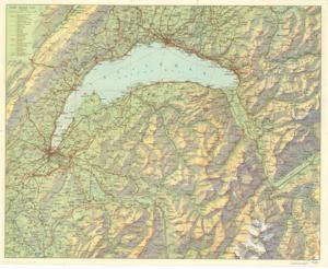 ["Lake of Geneva map shows ports, towns, and castles visited in January 1938. Dimensions: 16 1/2 x 20 1/2."]