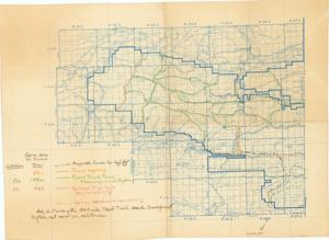 ["This map of Leflore County, Oklahoma (1915-1949) details various existing and proposed roads through the Winding Stair Mountain, with roads penciled in. Dimensions: 19 1/4 x 26."]